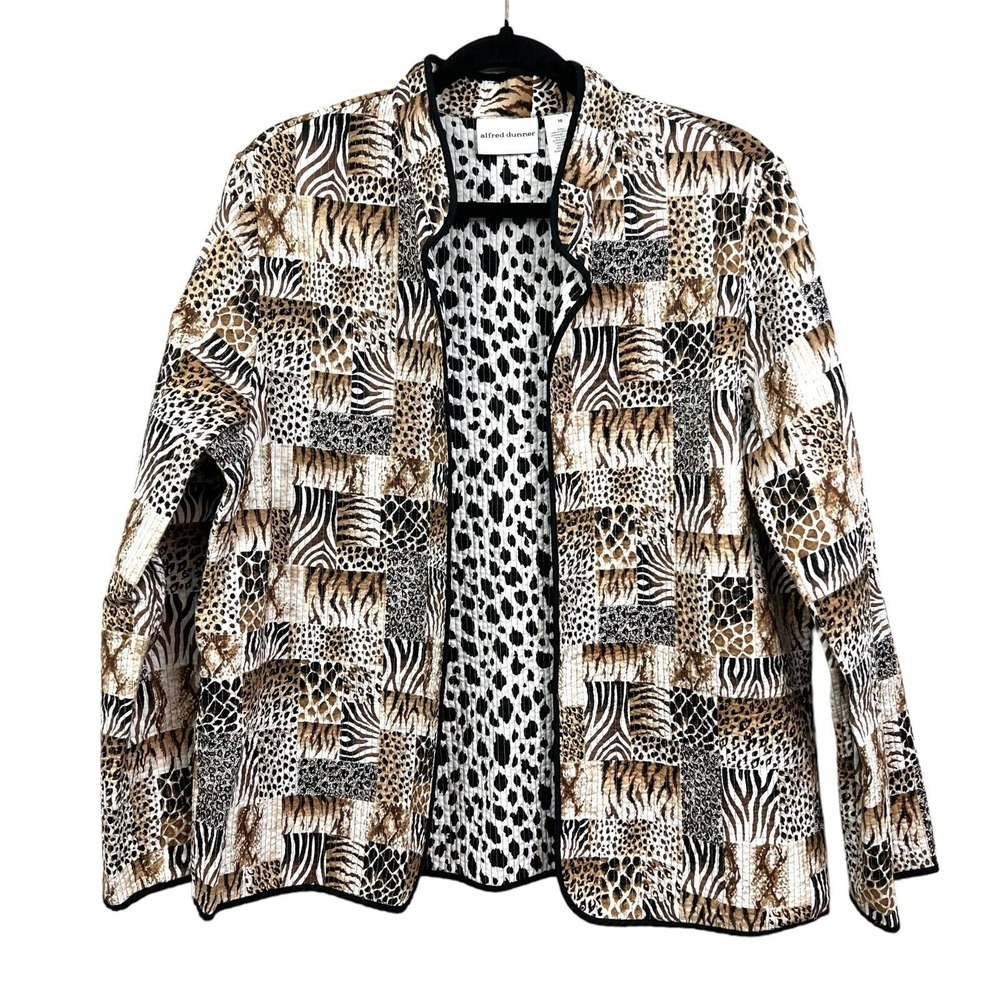 Alfred Dunner Womens Blazer Open Front Animal Print Long Sleeve Brown White 16*